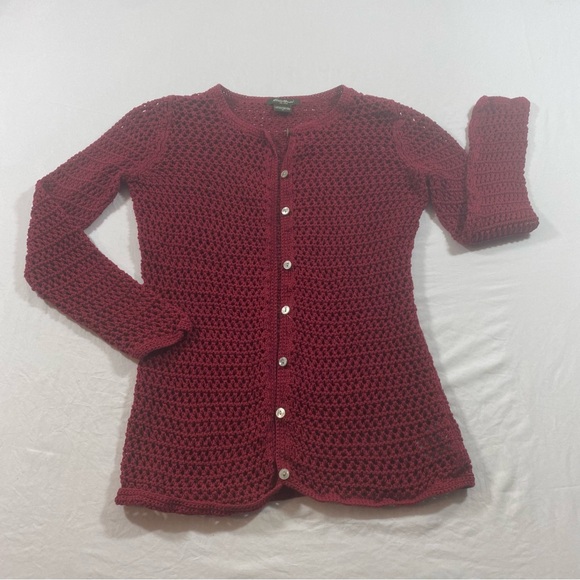 Eddie Bauer Button Down Cardigan women Small mesh long sleeve burgundy red top - Picture 8 of 8